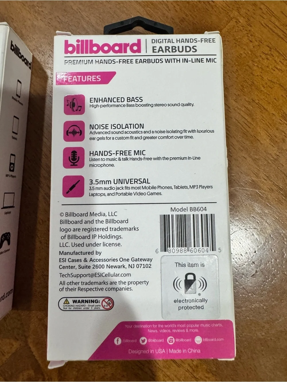 Billboard Stereo In-Ear Earbuds - 3 pair Black, Purple and Pink New